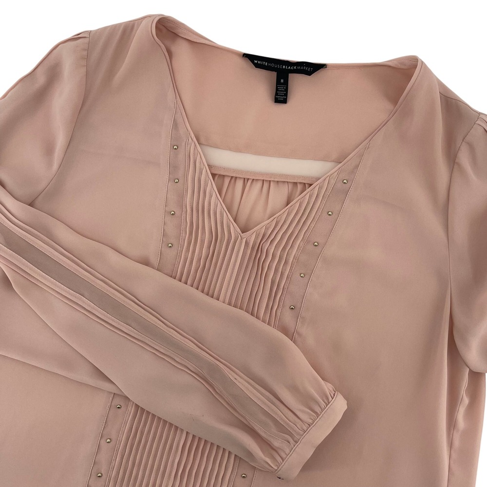 White‎ House Black Market Blouse Pleated Studded Long Sleeve Top Size 8